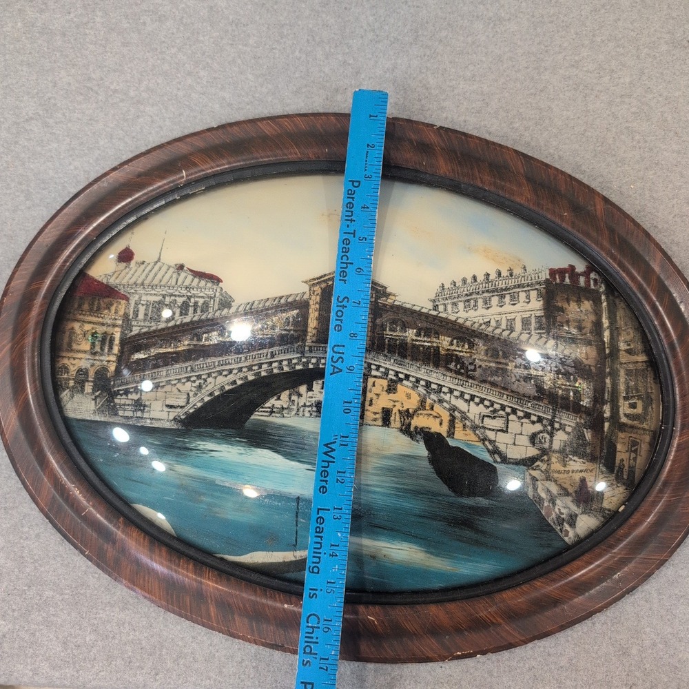 Antique Reverse Glass Scene Rialto Bridge Venice Italy Bubble Glass Oval Frame - Picture 4 of 4